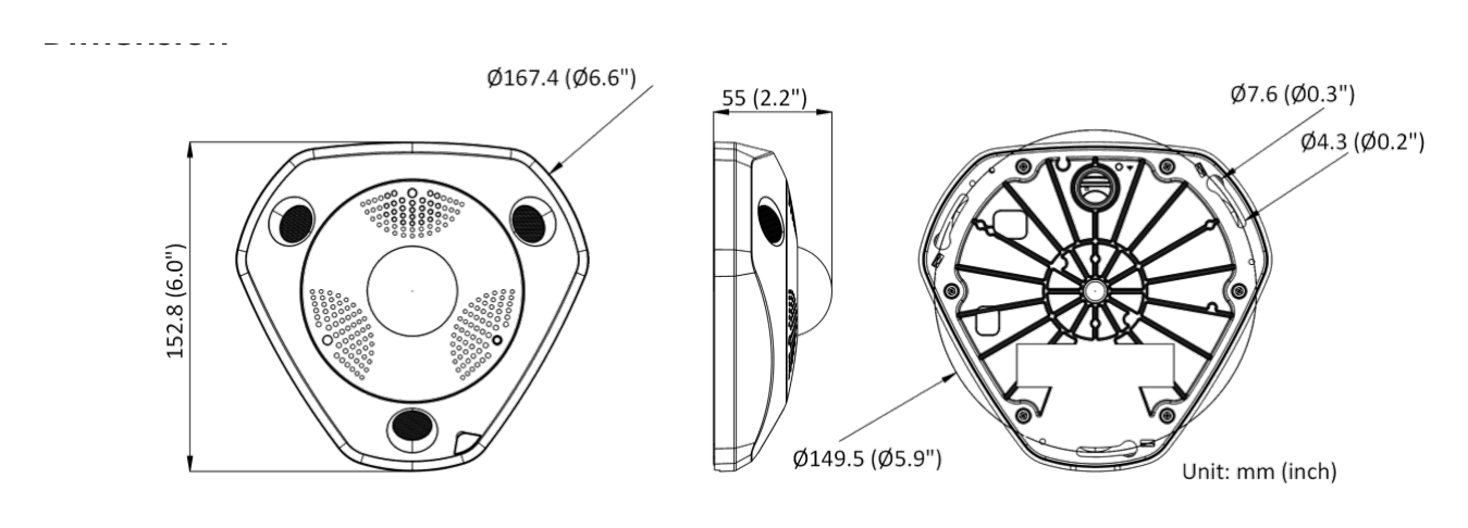 DS-2CD63C5G0-IVSB 外形尺寸圖 167.4 mm × 152.8 mm × 55 mm (6. 6" × 6" × 2.2")｜重量 Approx. 720 g (1.6 lb.)｜Unit: mm