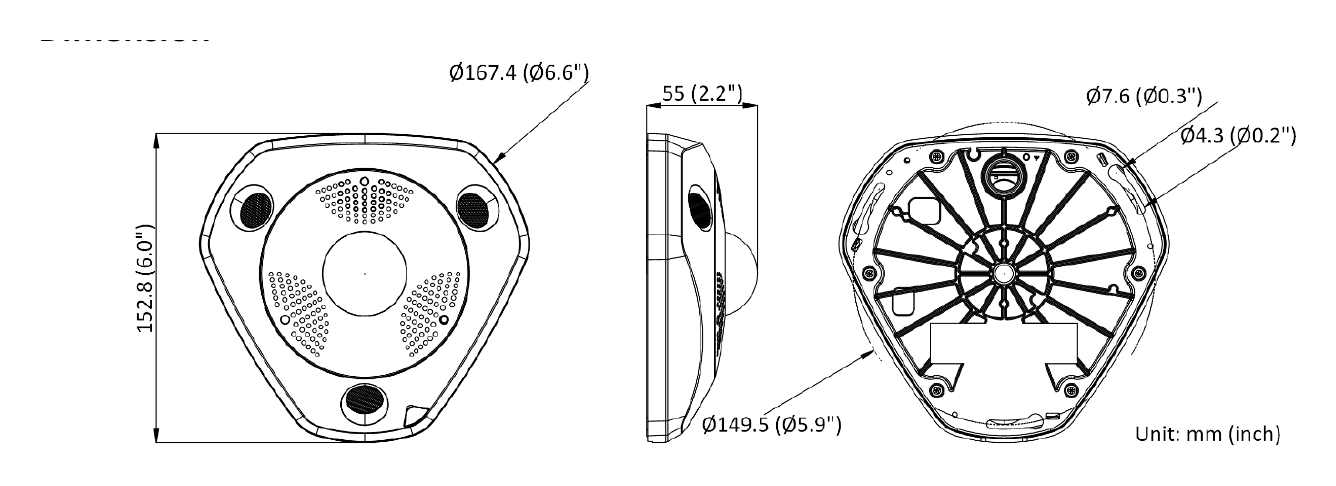 DS-2CD63C5G0-IVSD 外形尺寸圖 167.4 mm × 152.8 mm × 55 mm (6.6" × 6" × 2.2")｜重量 Approx. 700 g (1.54 lb.)｜Unit: mm