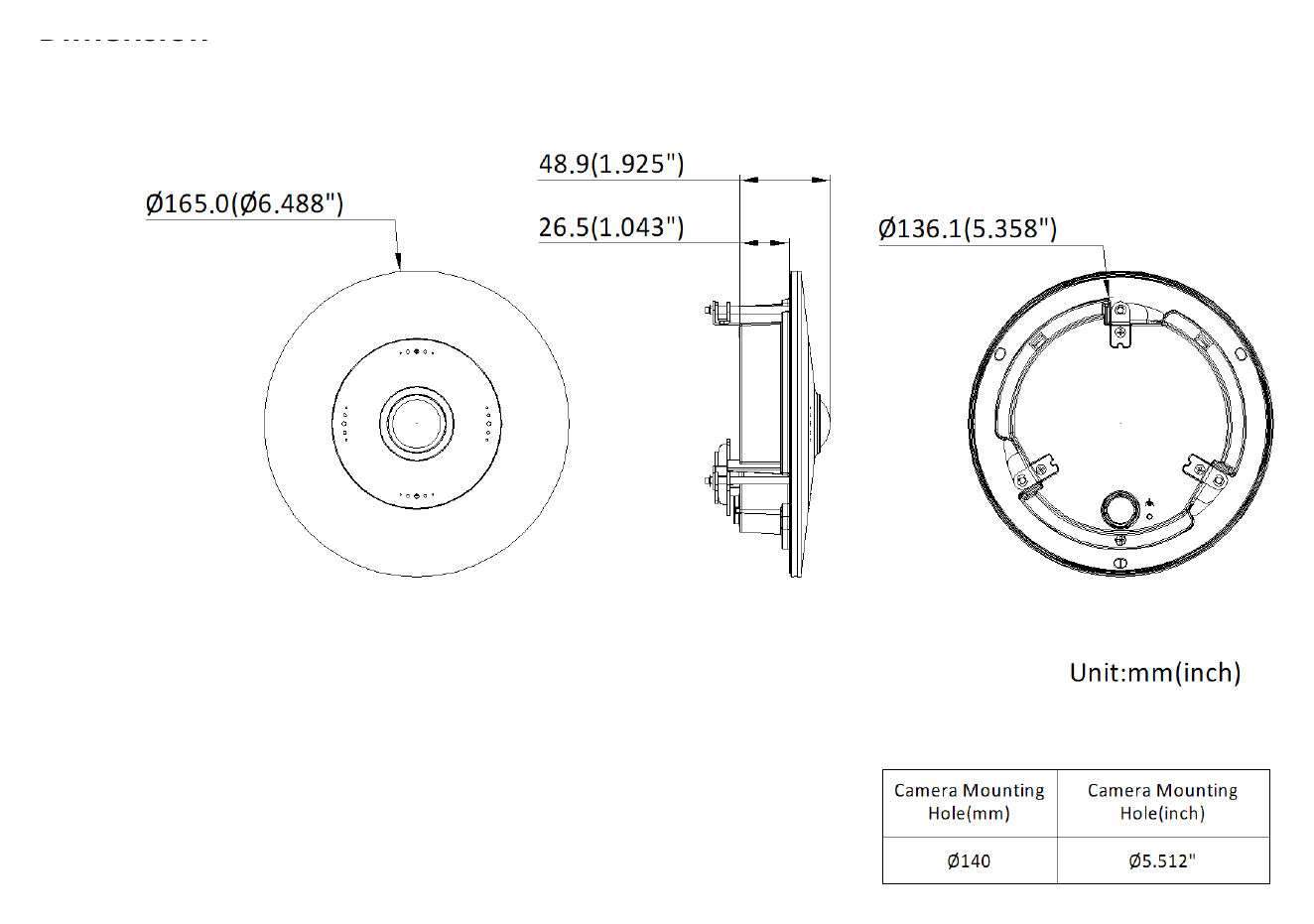 DS-2CD63C5G1-S 外形尺寸圖 Ø 165.0 mm × 48.9 mm (Ø 6.49" × 1.93")｜重量 Approx. 470 g (1.04 lb.)｜Unit: mm