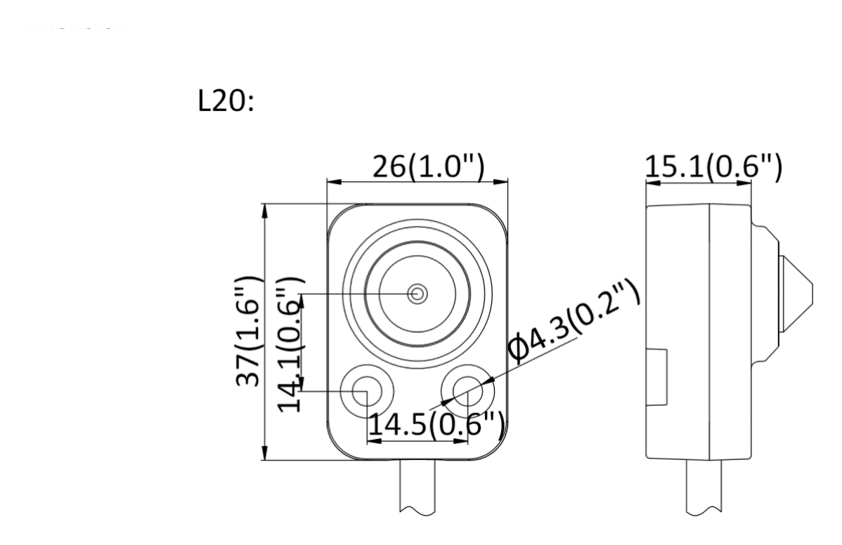 DS-2CD6425G1-20E 外形尺寸圖 L20: 37 mm × 26 mm × 25 mm (1.5" × 1.0" × 1.0") Bracket: 60.6(2.39″) × 38.2 (1.50″) × 883.8 (34.80″) Kit/Main body: 254