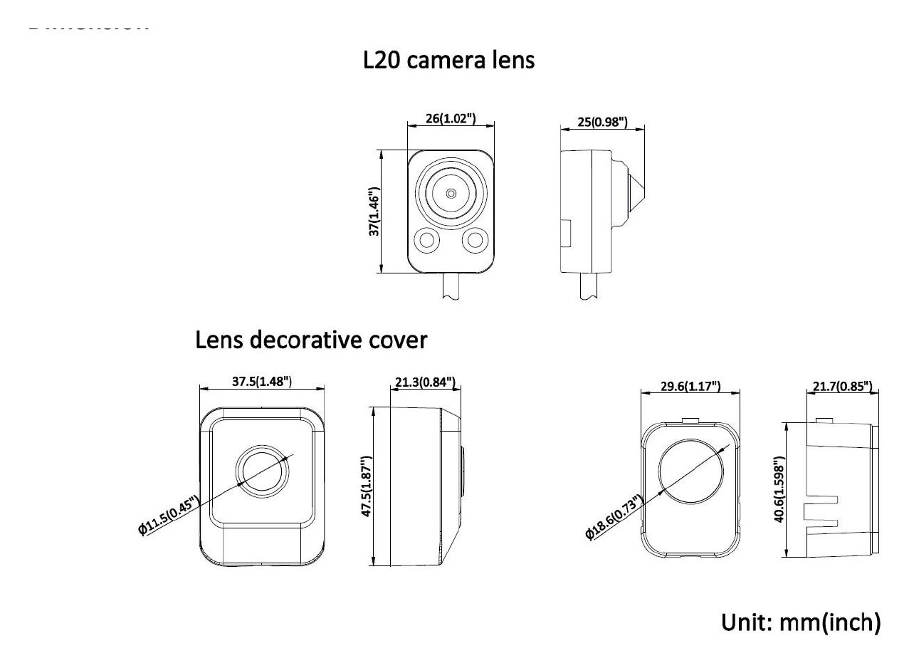 DS-2CD6425G1-L20 外形尺寸圖 37 mm × 26 mm × 25 mm (1.46" × 1.02" × 0.98")｜重量 Approx. 50 g (0.11 lb.)｜Unit: mm