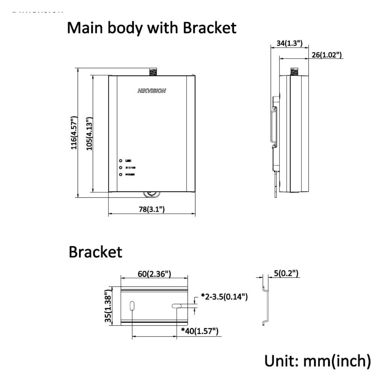 DS-2CD6425G2-C1 外形尺寸圖 105 mm × 78 mm × 26 mm (4.13" × 3.1" × 1.02")｜重量 Main body: approx. 170 g (0.37 lb.)｜Unit: mm