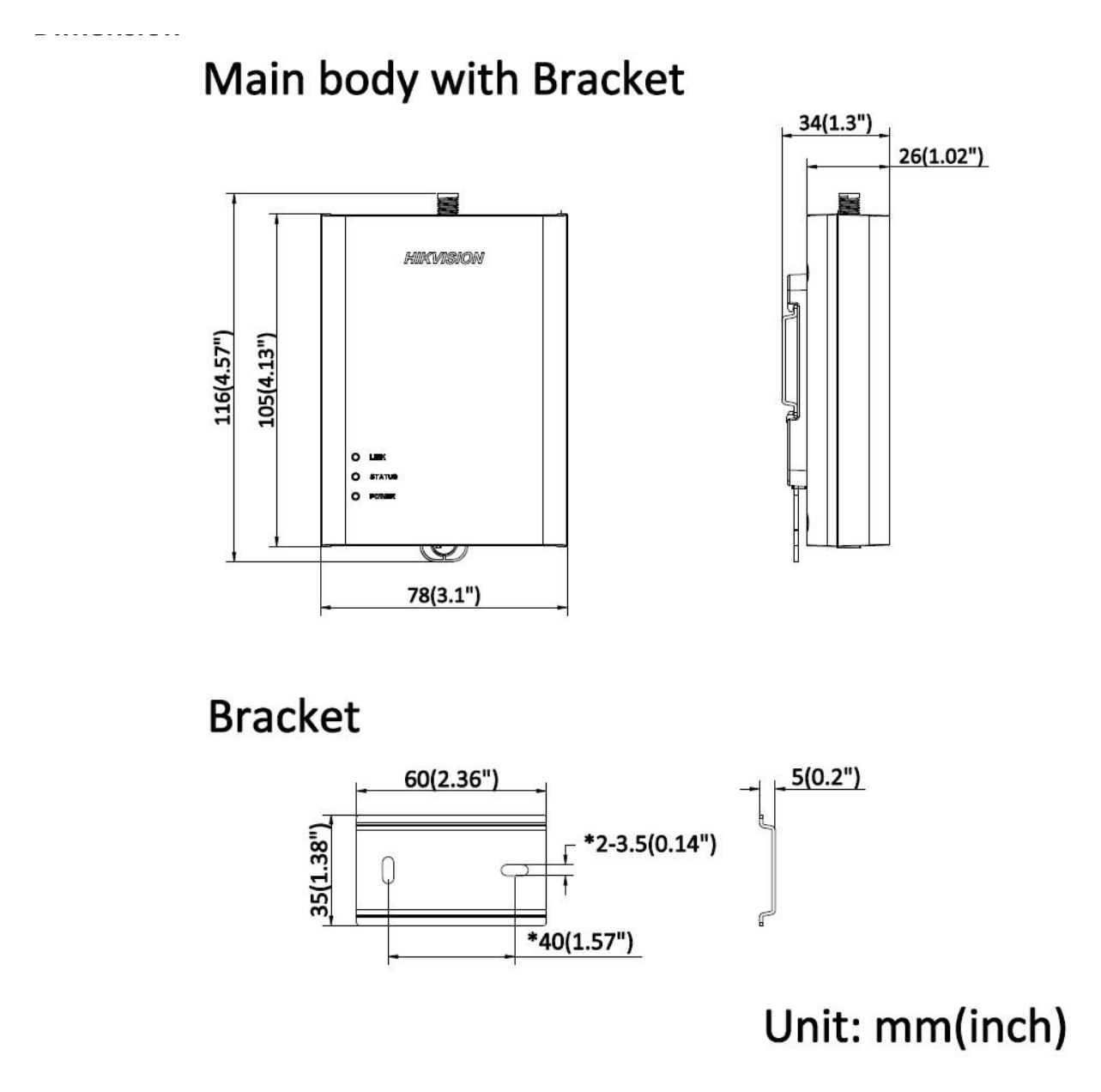 DS-2CD6445G2-C1 外形尺寸圖 105 mm × 78 mm × 26 mm (4.13" × 3.1" × 1.02")｜重量 Main body: approx. 175 g (0.38 lb.)｜Unit: mm