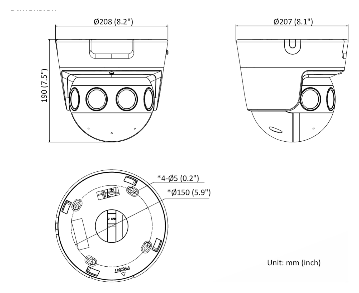 DS-2CD6984G0-IHSYAC 外形尺寸圖 190 mm × 208 mm × 207 mm (7.5" × 8.2" × 8.1")｜重量 Approx. 3.5 kg (7.7 lb.)｜Unit: mm
