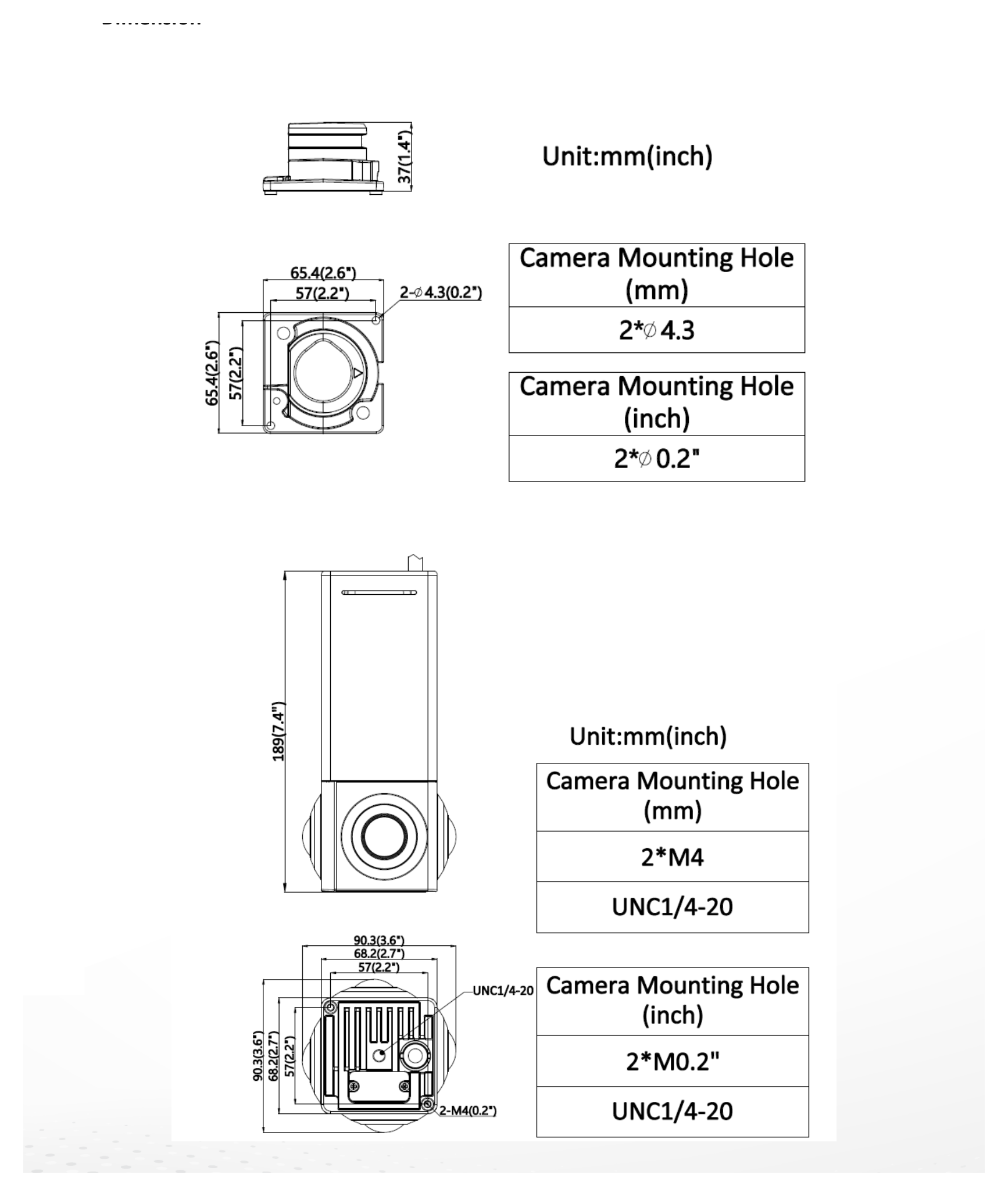 DS-2CD6984G1 外形尺寸圖 189 mm × 90.3 mm × 90.3 mm (7.4" × 3.6" × 3.6")｜重量 Approx. 1170 g (2.58 lb.)｜Unit: mm