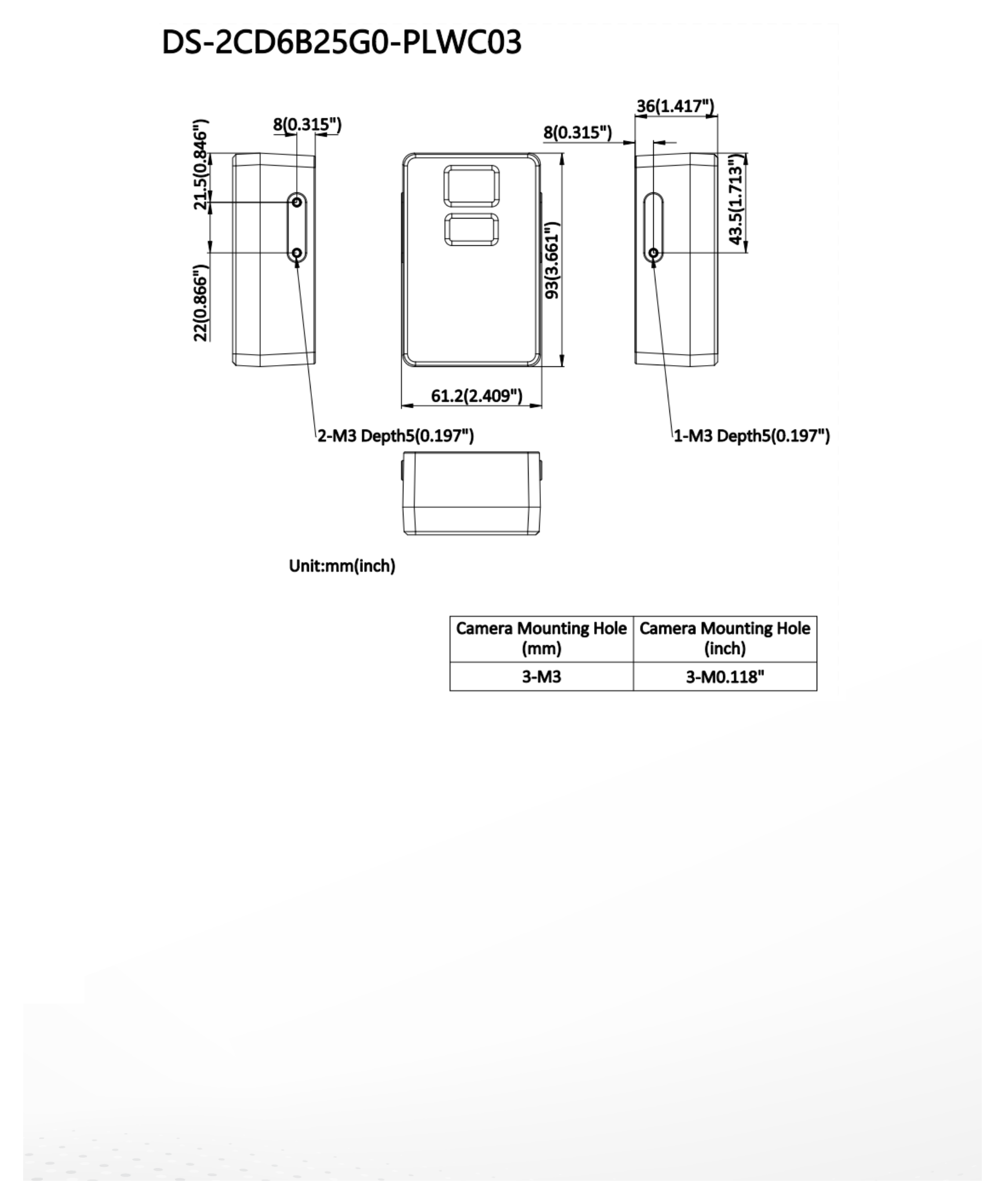 DS-2CD6B25G0-PLWC03 外形尺寸圖 93 mm × 61.2 mm × 36 mm (3.66" × 2.41" × 1.42")｜重量 Approx. 190 g (0.419 lb.)｜Unit: mm
