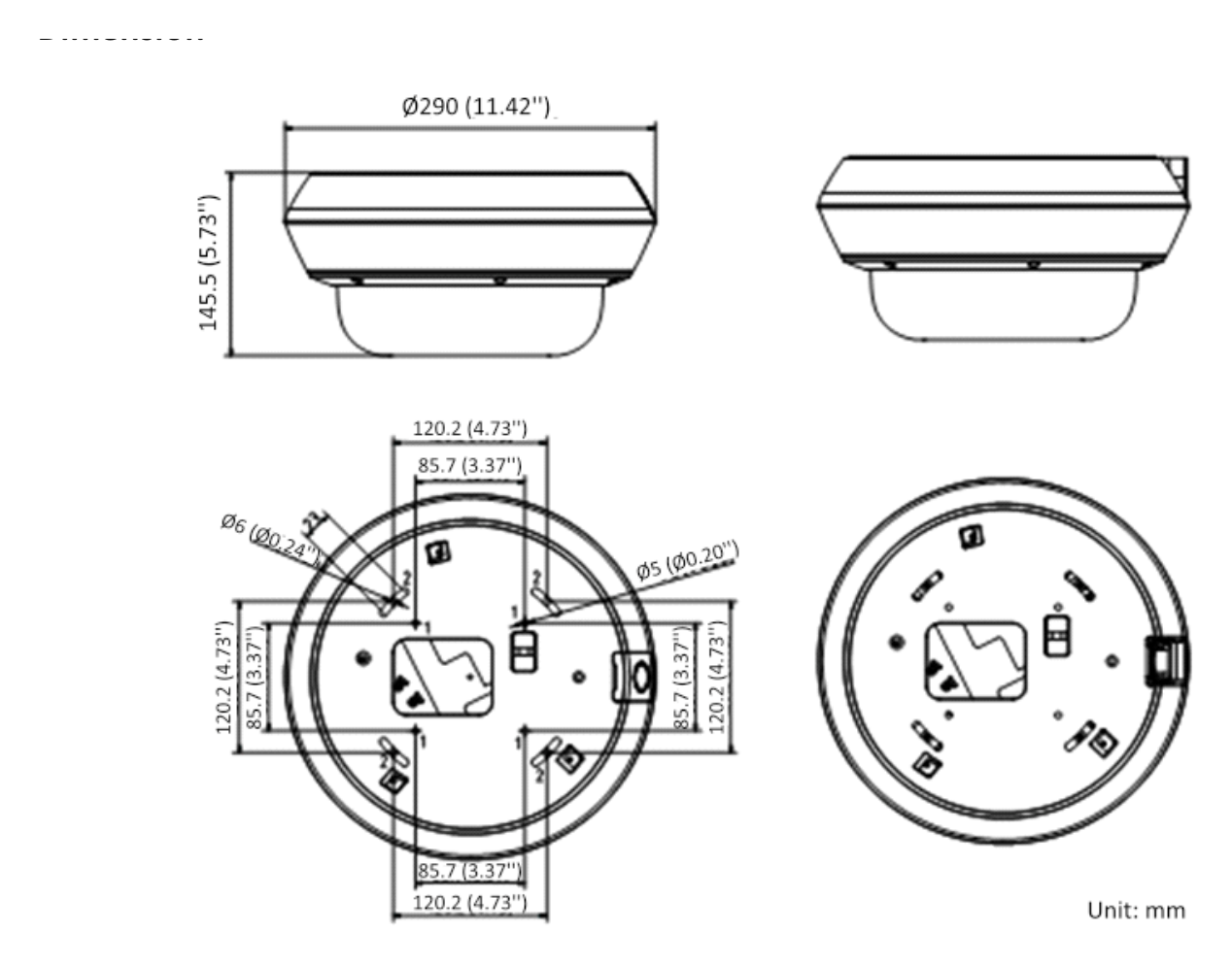 DS-2CD6D24FWD-IZHSB 外形尺寸圖 Ø 290 mm × 145.5 mm (Ø 11.42" × 5.73")｜重量 Approx. 4.7 kg (10.3 lb.)｜Unit: mm