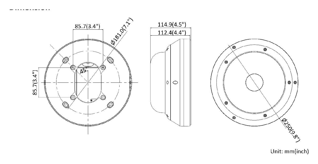 DS-2CD6D44G1-IZS 外形尺寸圖 Ø 250 mm × 114.9 mm (Ø 9.8" × 4.5")｜重量 Approx. 2.2 kg (4.9 lb.)｜Unit: mm