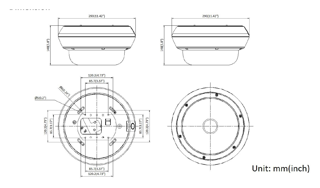 DS-2CD6D44G1H-IZS 外形尺寸圖 Ø 290 mm × 148 mm (Ø 11.42" × 5.8")｜重量 Approx. 4.7 kg (10.3 lb.)｜Unit: mm
