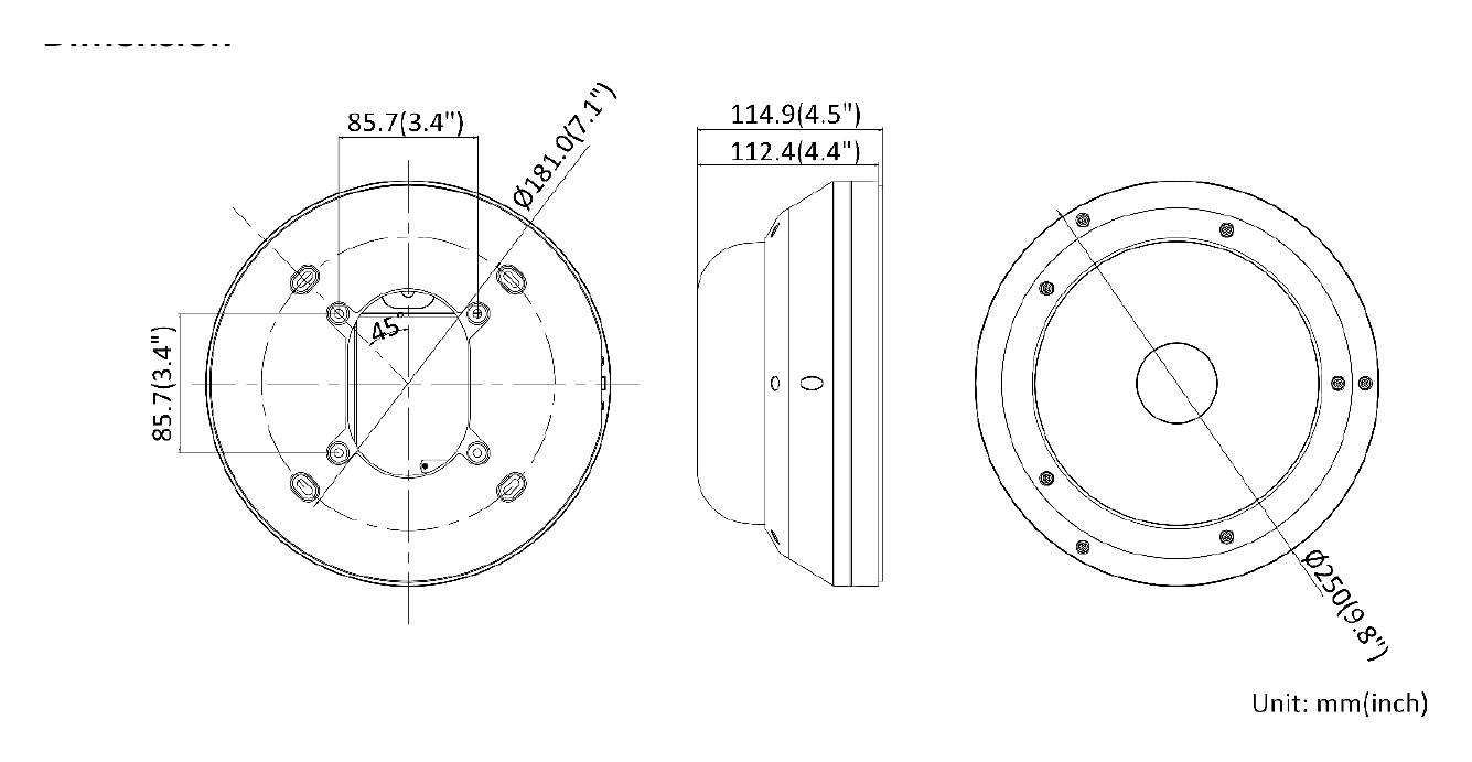DS-2CD6D54G1-IZSB 外形尺寸圖 Ø 250 × 114.9 mm (Ø 9.8" × 4.5")｜重量 Approx. 2.2 kg (4.9 lb.)｜Unit: mm