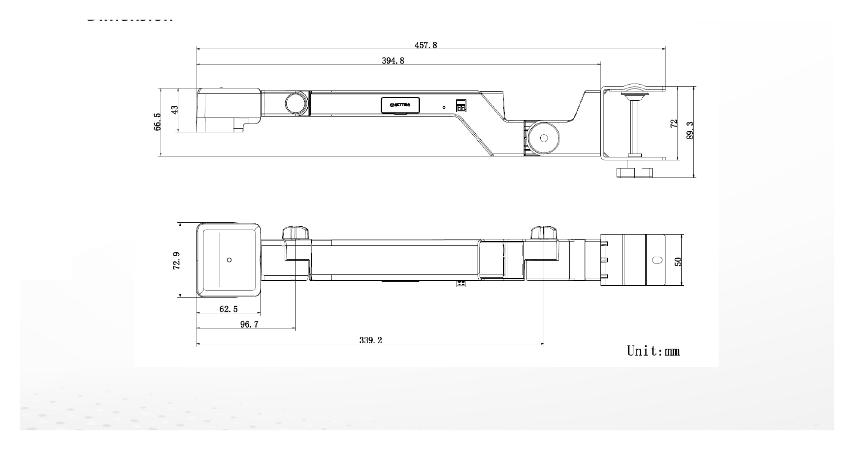DS-2CD6F82G0-S 外形尺寸圖 457.8 mm × 72.9 mm × 72 mm (18.02" × 2.87" × 2.83")｜重量 Approx. 555 g (1.22 lb.)｜Unit: mm