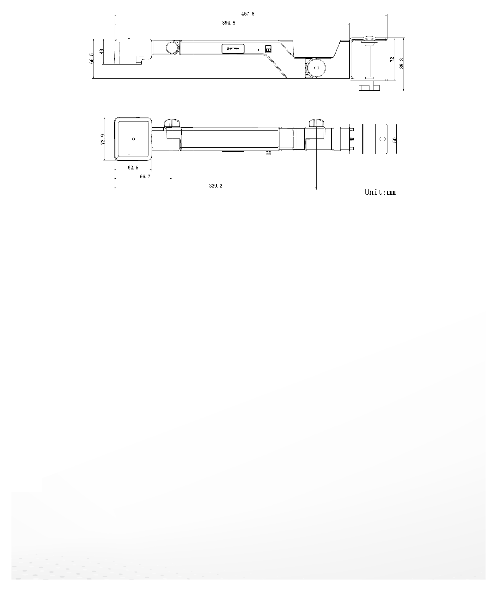 DS-2CD6F82G0-WS 外形尺寸圖 457.8 mm × 72.9 mm × 72 mm (18.02" × 2.87" × 2.83")｜重量 Approx. 555 g (1.22 lb.)｜Unit: mm