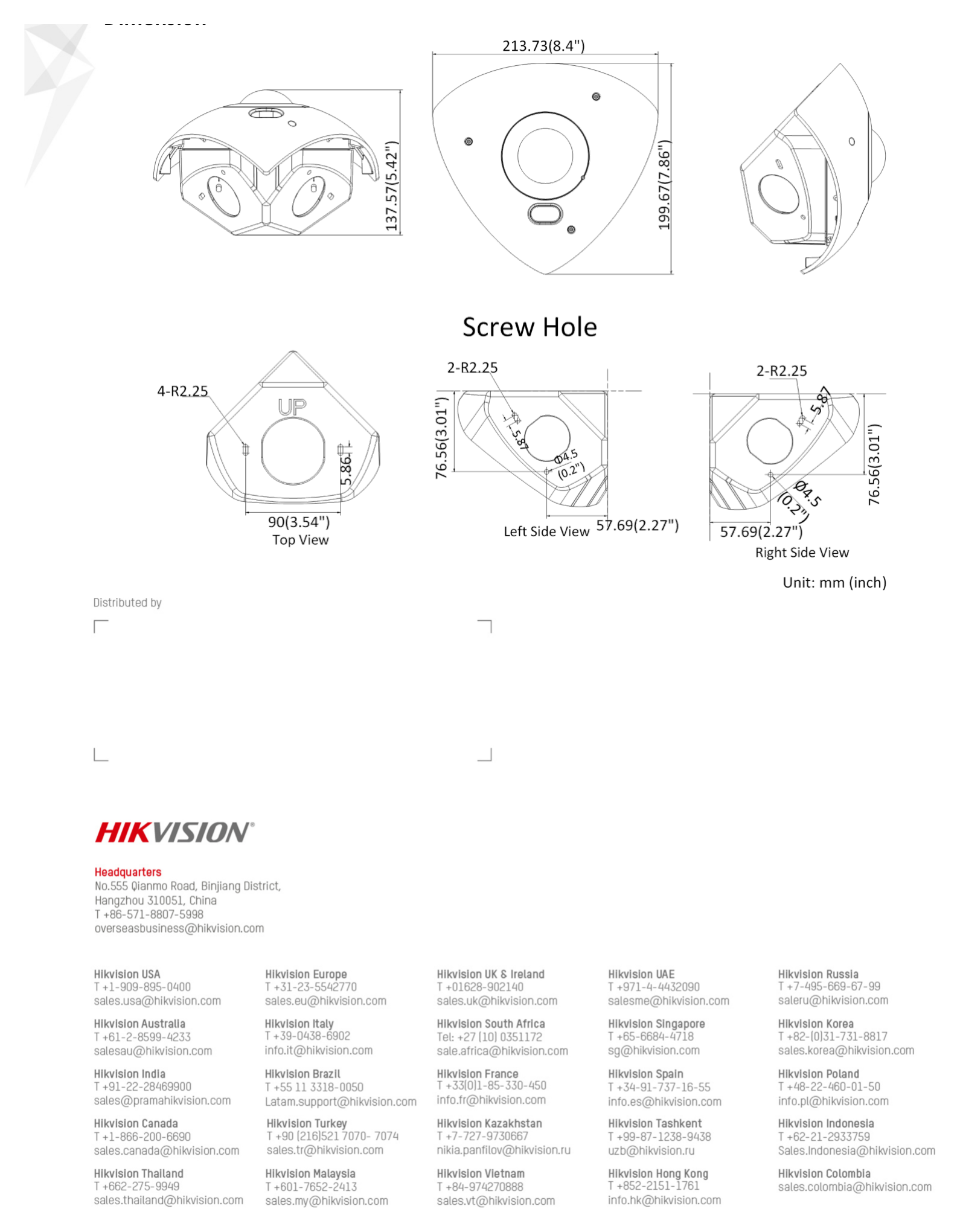 DS-2CD6W45G0-IVS 外形尺寸圖 213.73 mm × 199.67 mm × 137.57 mm (8.4" × 7.86" × 5.42")｜重量 Approx. 1.338 kg (2.95 lb.)｜Unit: mm