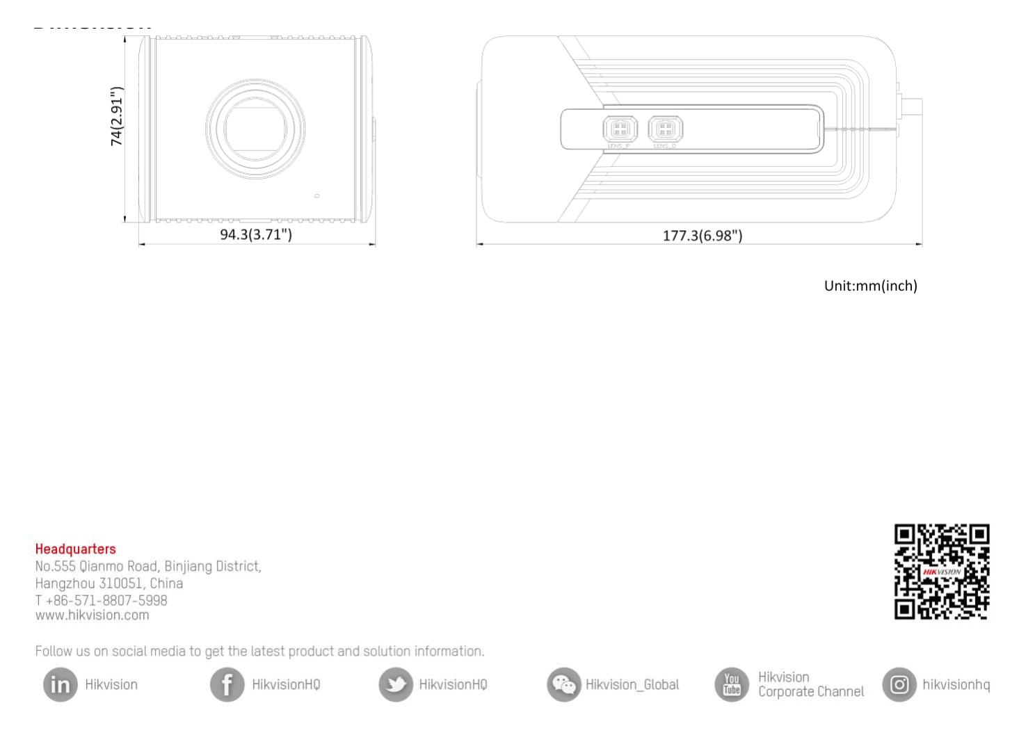 DS-2CD72205G0 外形尺寸圖 177.3 mm × 74 mm × 94.3 mm (6.98" × 2.91" × 3.71")｜重量 Approx. 1.1 kg (2.43 lb.)｜Unit: mm