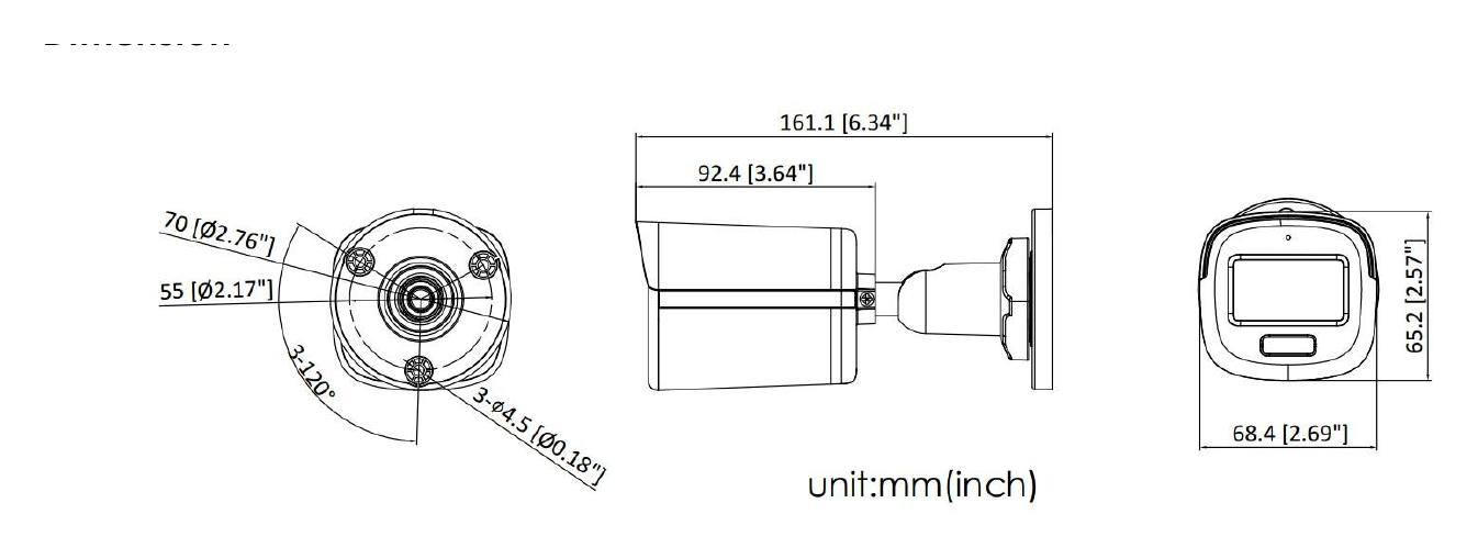 DS-2CE10DF0T-FS 外形尺寸圖 161.1 mm × 68.4 mm (6.34" × 2.69")｜重量 Approx. 380 g (0.84 lb.)｜Unit: mm