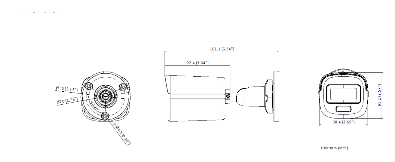 DS-2CE10DF0T-LFS 外形尺寸圖 161.1 mm × 68.4 mm × 65.2 mm (6.34" × 2.69" × 2.57")｜重量 Approx. 395 g (0.87 lb.)｜Unit: mm