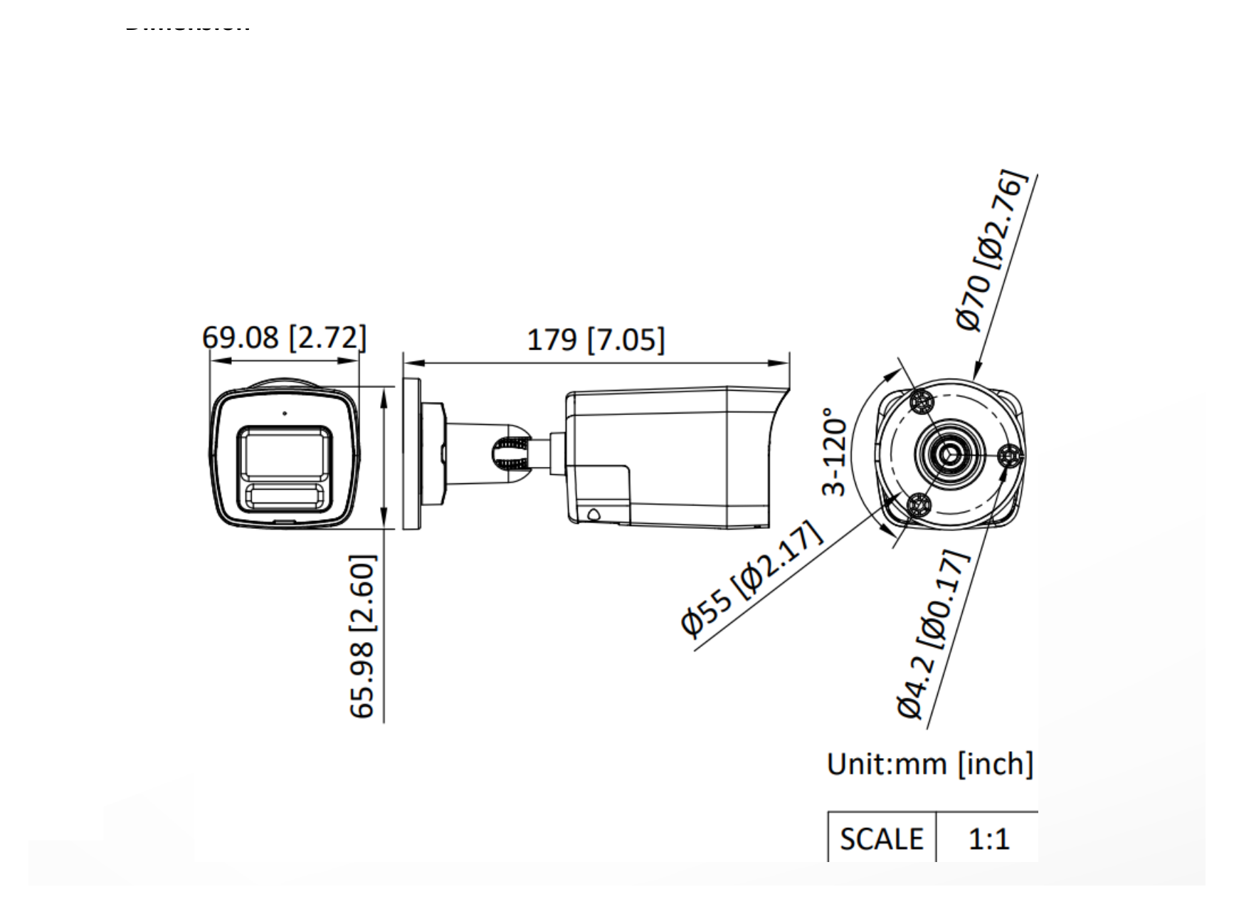 DS-2CE10DF0T-LPXTS 外形尺寸圖 179 mm × 66 mm × 69.1 mm (7.1" × 2.6" × 2.7")｜重量 Approx. 260 g (0.6 lb.)｜Unit: mm