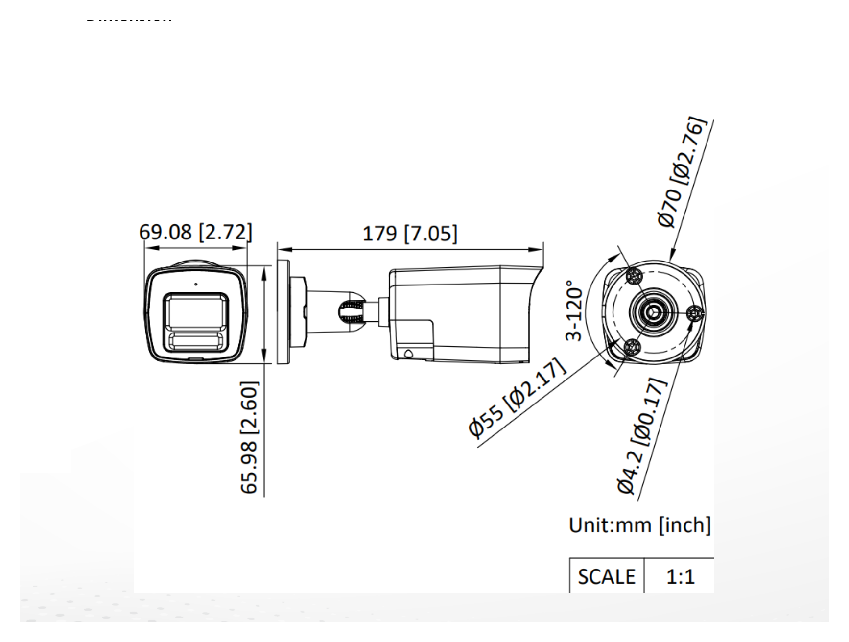 DS-2CE10DF0T-LXTS 外形尺寸圖 179 mm × 66 mm × 69.1 mm (7.1" × 2.6" × 2.7")｜重量 Approx. 435 g (1.0 lb.)｜Unit: mm