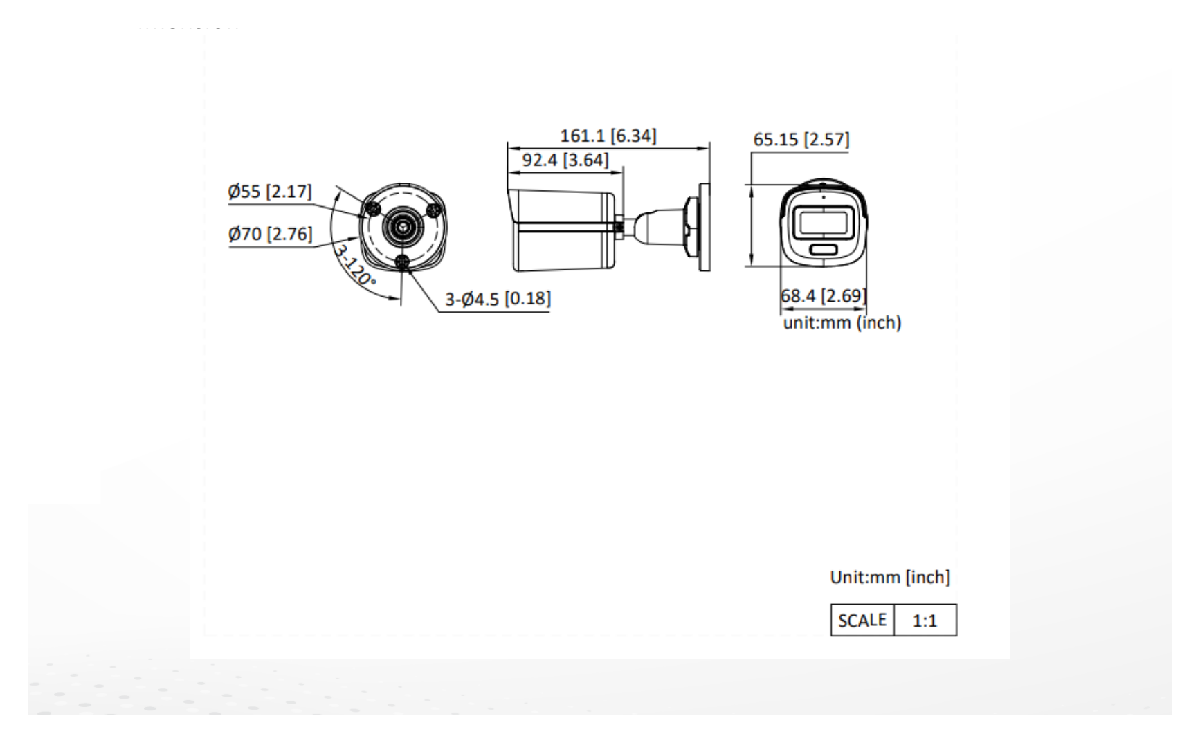 DS-2CE10DF3T-LFS 外形尺寸圖 161.1 mm × 68.4 × 65.15(6.34" × 2.69" × 2.57")｜重量 Approx. 405 g (0.9 lb.)｜Unit: mm