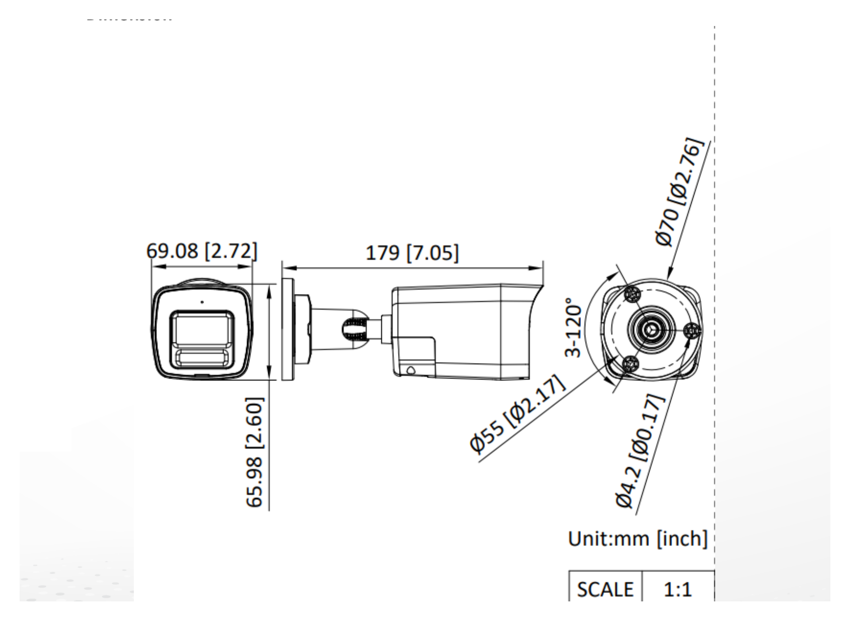 DS-2CE10DF3T-LPXTS 外形尺寸圖 179 mm × 69.08 mm × 65.98 mm (7.05" × 2.72" × 2.60")｜重量 Approx. 280 g (0.62 lb.)｜Unit: mm