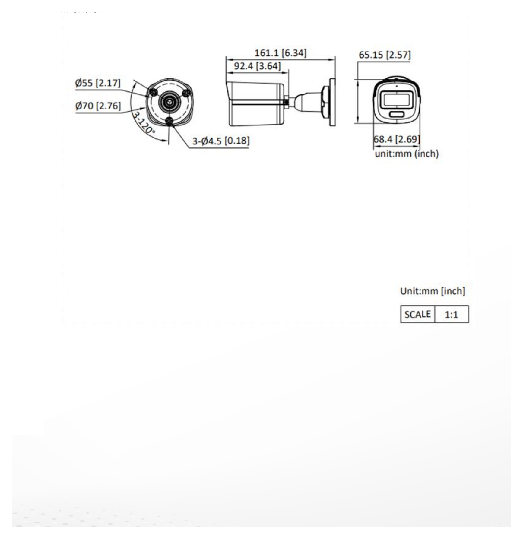 DS-2CE10DF3T-LSE 外形尺寸圖 Ø 70 mm × 161.1 mm (Ø 2.76" × 6.34")｜重量 Approx. 425 g (0.94 lb.)｜Unit: mm