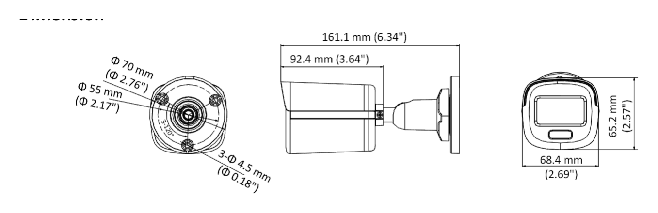 DS-2CE10DF3T-PF 外形尺寸圖 161.1 mm × 70 mm × 70 mm (6.34" × 2.76" × 2.76")｜重量 Approx. 222.5 g (0.49 lb.)｜Unit: mm