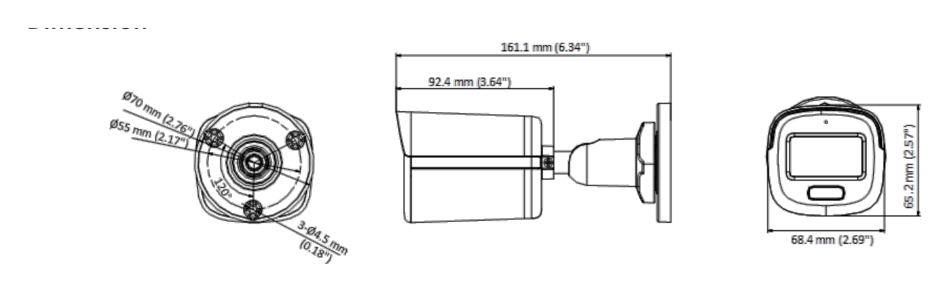 DS-2CE10DF3T-PFS 外形尺寸圖 161.1 mm × 70 mm × 70 mm (6.34" × 2.76" × 2.76")｜重量 Approx. 223 g (0.49 lb.)｜Unit: mm