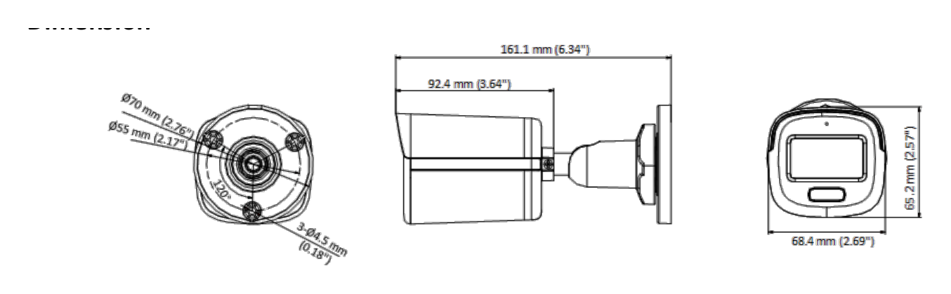DS-2CE10DF8T-FSLN 外形尺寸圖 161.1 mm × 70 mm × 70 mm (6.34" × 2.76" × 2.76")｜重量 Approx. 403 g (0.89 lb.)｜Unit: mm
