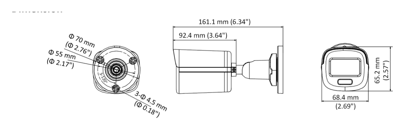 DS-2CE10DF8T-PF 外形尺寸圖 161.1 mm × 70 mm × 70 mm (6.34" × 2.76" × 2.76")｜重量 Approx. 225 g (0.50 lb.)｜Unit: mm