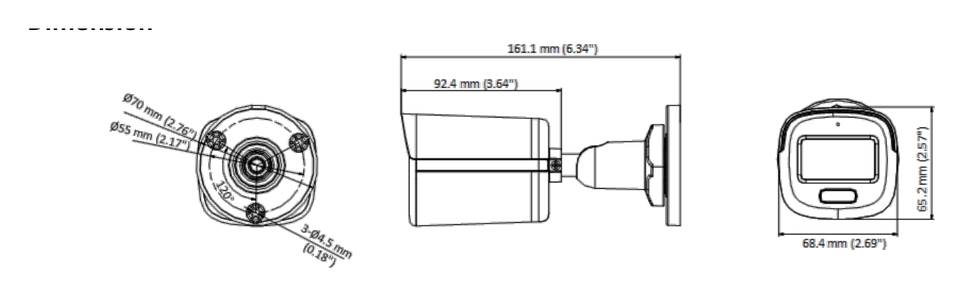 DS-2CE10DF8T-PFSLN 外形尺寸圖 161.1 mm × 70 mm × 70 mm (6.34" × 2.76" × 2.76")｜重量 Approx. 235 g (0.52 lb.)｜Unit: mm