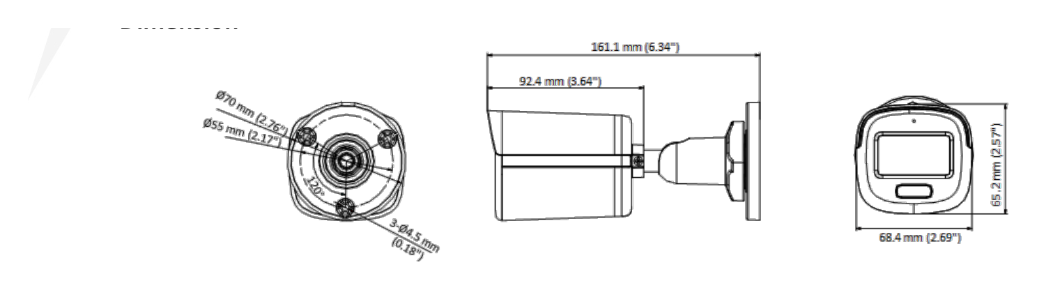 DS-2CE10KF0T-FS 外形尺寸圖 161.1 mm × 70 mm × 70 mm (6.34" × 2.76" × 2.76")｜重量 Approx. 404 g (0.89 lb.)｜Unit: mm