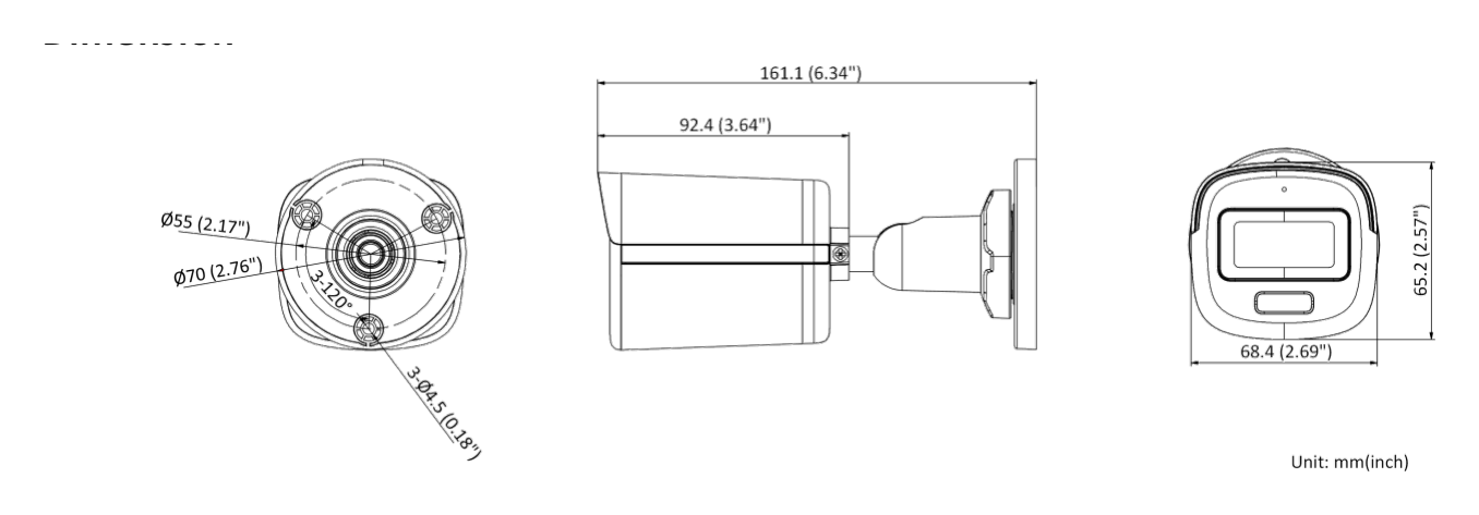 DS-2CE10KF0T-LPFS 外形尺寸圖 161.1 mm × 70 mm × 70 mm (6.34" × 2.76" × 2.76")｜重量 Approx. 230 g (0.51 lb.)｜Unit: mm