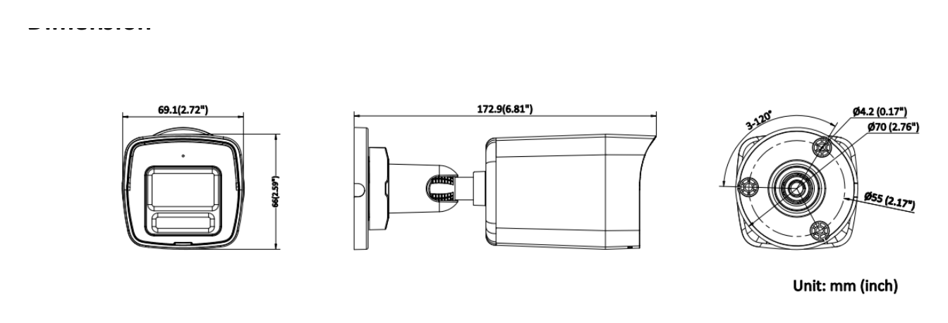 DS-2CE10KF3T-LS 外形尺寸圖 179 mm × 66 mm × 69.1 mm (7.05" × 2.6" × 2.72")｜重量 Approx. 430 g (0.9 lb.)｜Unit: mm