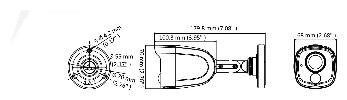 DS-2CE11D0T-PIRL 外形尺寸圖 68 mm × 70 mm × 179.8 mm ( 2.68" × 2.76" × 7.08" )｜重量 Approx. 345 g (0.76 lb.)｜Unit: mm