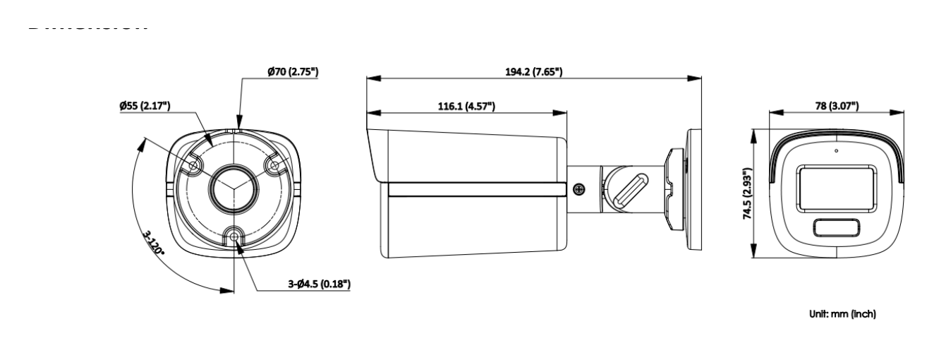 DS-2CE12DF0T-LFS 外形尺寸圖 192.2 mm × 78 mm × 74.5 mm (7.65" × 3.07" × 2.93")｜重量 Approx. 525 g (1.16 lb.)｜Unit: mm