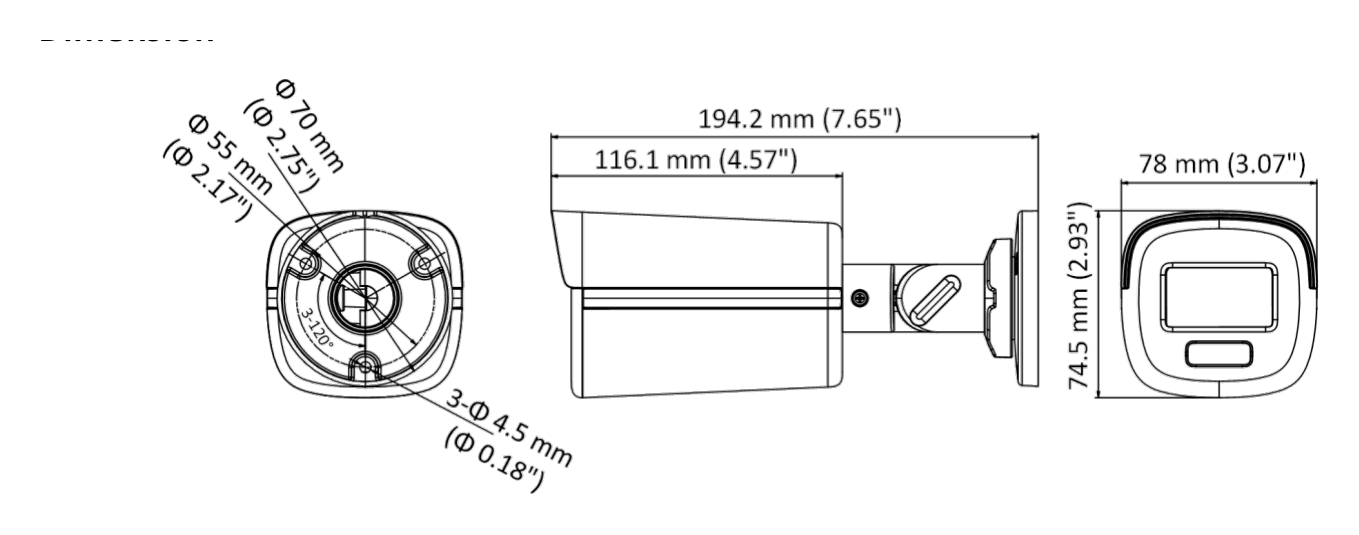 DS-2CE12DF3T-F 外形尺寸圖 194.2 mm × 78 mm × 74.5 mm (7.65" × 3.07" × 2.93")｜重量 Approx. 514.5 g (1.13 lb.)｜Unit: mm