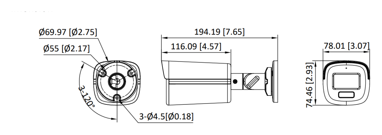 DS-2CE12DF3T-LSE 外形尺寸圖 194.19 mm × 78.01 mm × 74.46 mm (7.65" × 3.07" × 2.93")｜重量 Approx. 550 g (1.21 lb.)｜Unit: mm