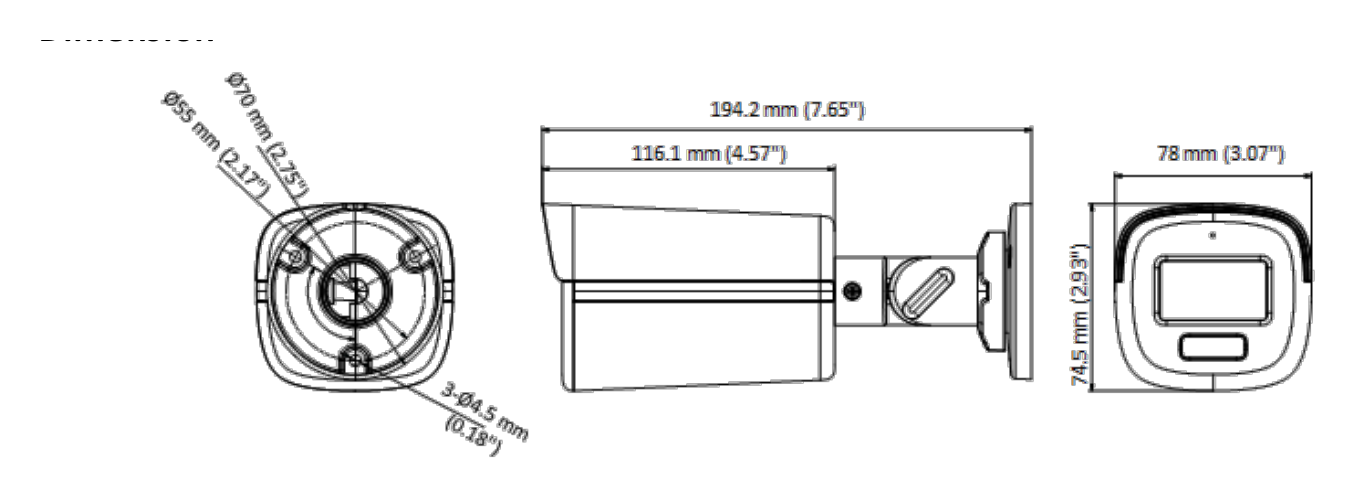 DS-2CE12KF0T-FS 外形尺寸圖 194.2 mm × 78 mm × 74.5 mm (7.65" × 3.07" × 2.93")｜重量 Approx. 522 g (1.51 lb.) 12 VDC ± 25%, Max. 3.5 W,｜Unit: mm