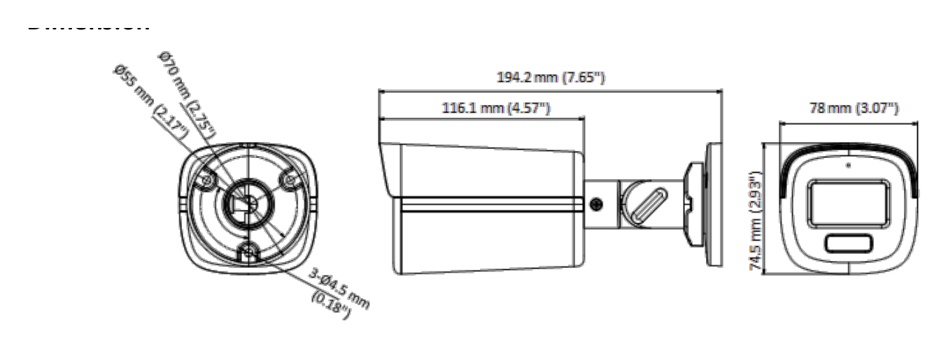 DS-2CE12KF0T-LFS 外形尺寸圖 194.2 mm × 78 mm × 74.5 mm (7.65" × 3.07" × 2.93")｜重量 Approx. 500 g (1.1 lb.)｜Unit: mm