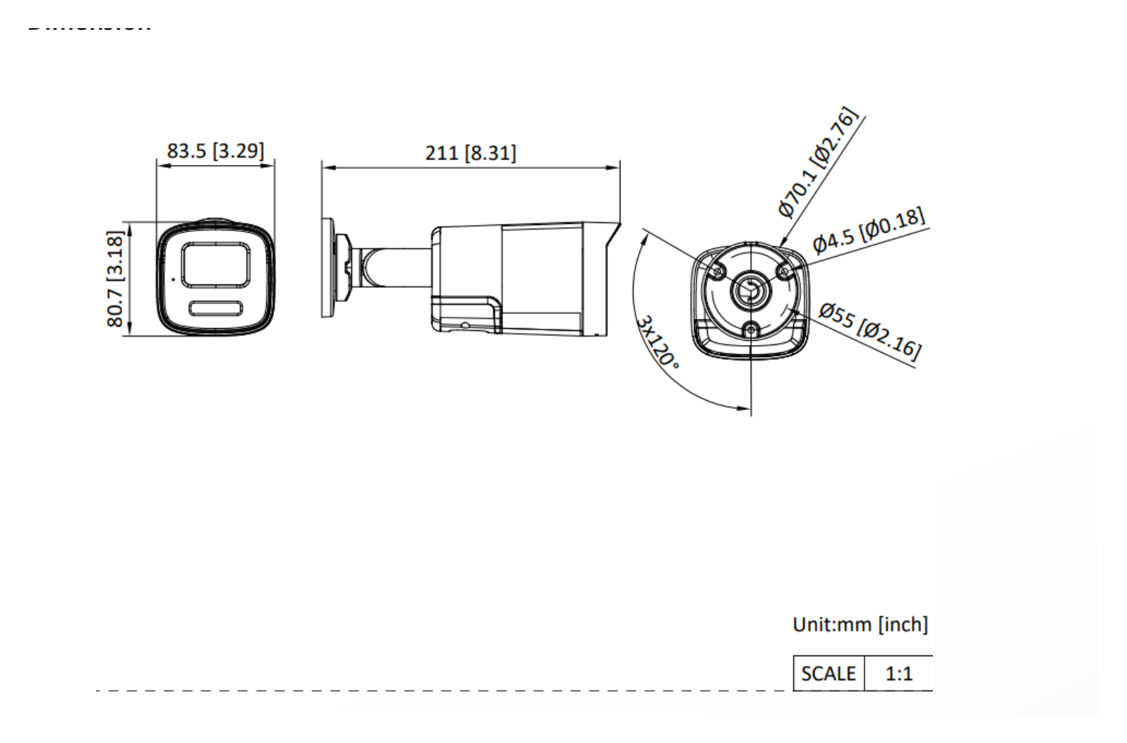 DS-2CE12KF0T-LTS 外形尺寸圖 211 mm × 83.5 mm × 80.7 mm (8.3" × 3.3" × 3.2")｜重量 Approx. 425 g (0.9 lb.)｜Unit: mm