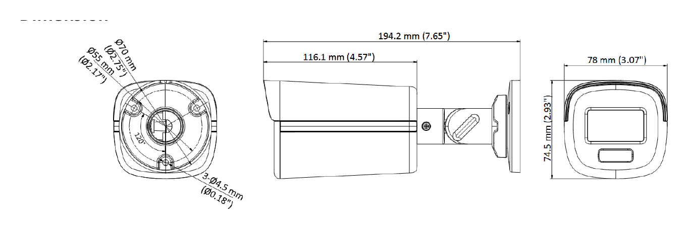 DS-2CE12KF3T-E 外形尺寸圖 194.2 mm × 78 mm × 74.5 mm (7.65" × 3.07" × 2.93")｜重量 Approx. 550 g (1.21 lb.)｜Unit: mm