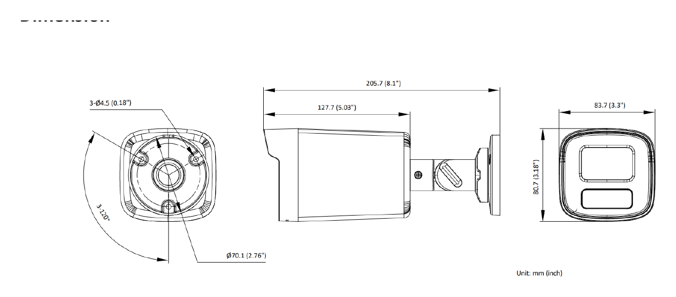 DS-2CE12KF3T-LS 外形尺寸圖 211 mm × 83.5 mm × 80.7 mm (8.31" × 3.29" × 3.18")｜重量 Approx. 410 g (0.9 lb.)｜Unit: mm