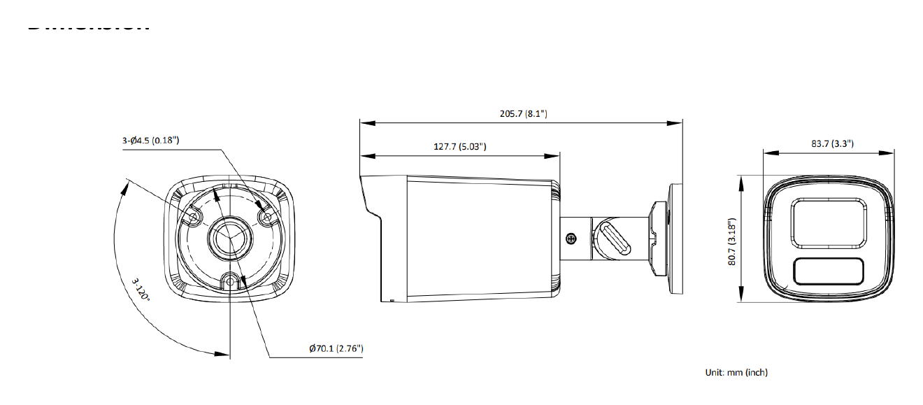 DS-2CE12KF3T-LSYE 外形尺寸圖 211 mm × 83.5 mm × 80.7 mm (8.31" × 3.29" × 3.18")｜重量 Approx. 445 g (0.98 lb.)｜Unit: mm