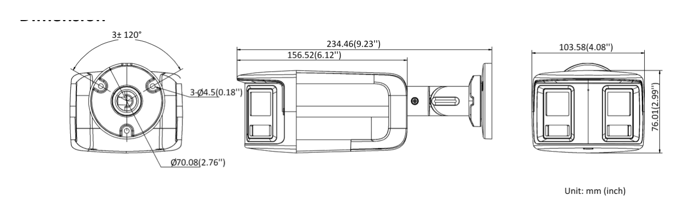 DS-2CE12KF3TP-DLS 外形尺寸圖 234.46 mm × 103.58 mm × 76.01 mm (9.23" × 4.08" × 2.99")｜重量 Approx. 630 g (1.39 lb.)｜Unit: mm