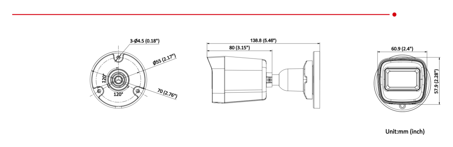 DS-2CE16D0T-EXIP 外形尺寸圖 138.8 mm × 60.9 mm × 57.9 mm (5.46" × 2.4" × 2.28")｜重量 Approx. 140 g (0.31 lb.)｜Unit: mm