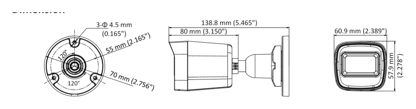 DS-2CE16D0T-EXIPF 外形尺寸圖 138.8 mm × 60.9 mm × 57.9 mm (5.465" × 2.389" 2.278")｜重量 Approx. 145 g (0.32 lb.)｜Unit: mm