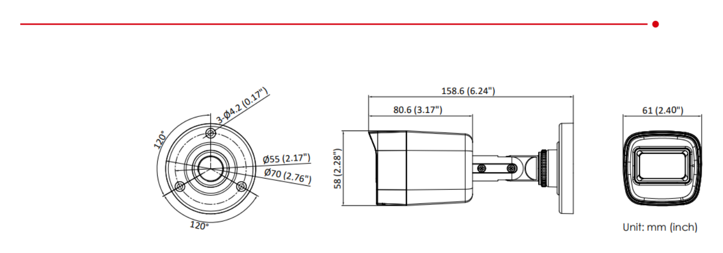 DS-2CE16D0T-ITEC 外形尺寸圖 Ø 70 mm × 158.6 mm (Ø 2.76" × 6.24")｜重量 Approx. 335 g (0.74 lb.)｜Unit: mm