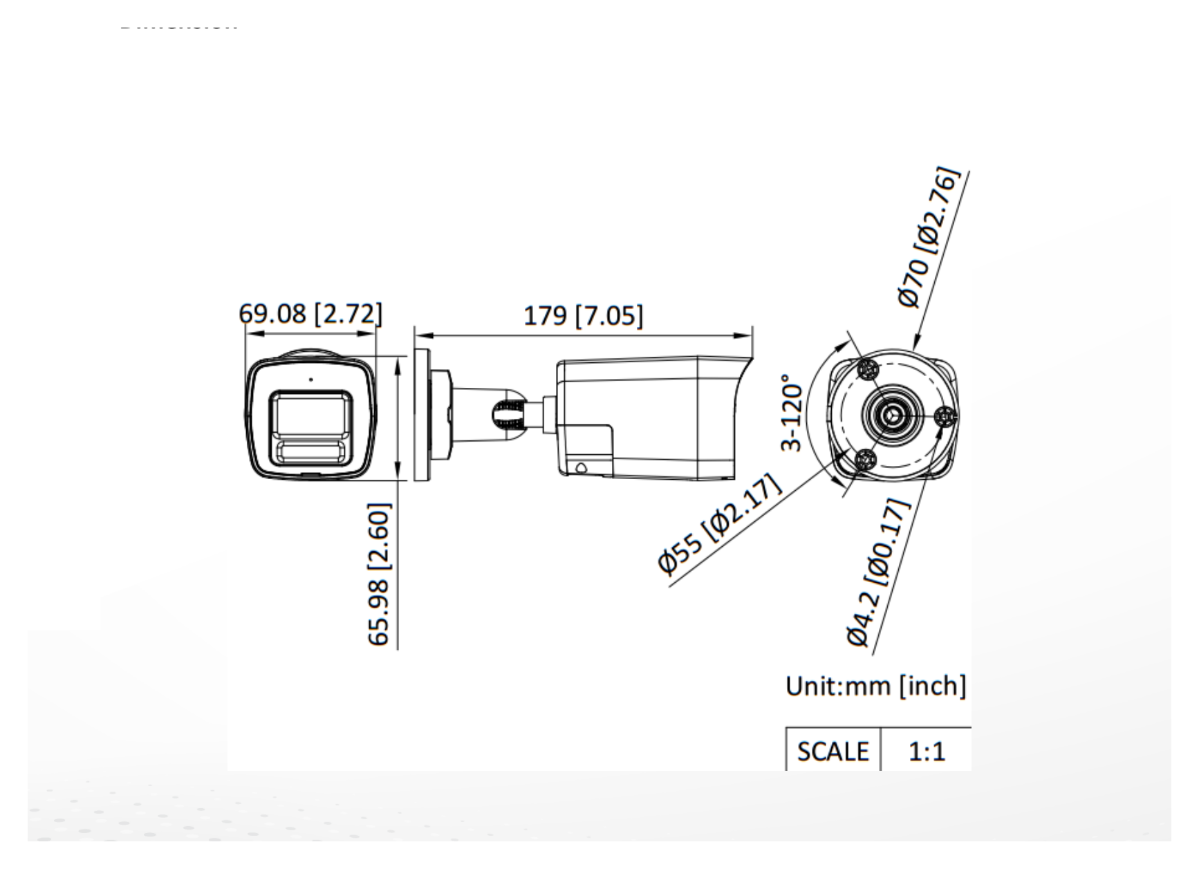 DS-2CE16D0T-LPTS 外形尺寸圖 179 mm × 66 mm × 69.1 mm (7.05" × 2.6" × 2.72")｜重量 Approx. 245 g (0.54 lb.)｜Unit: mm