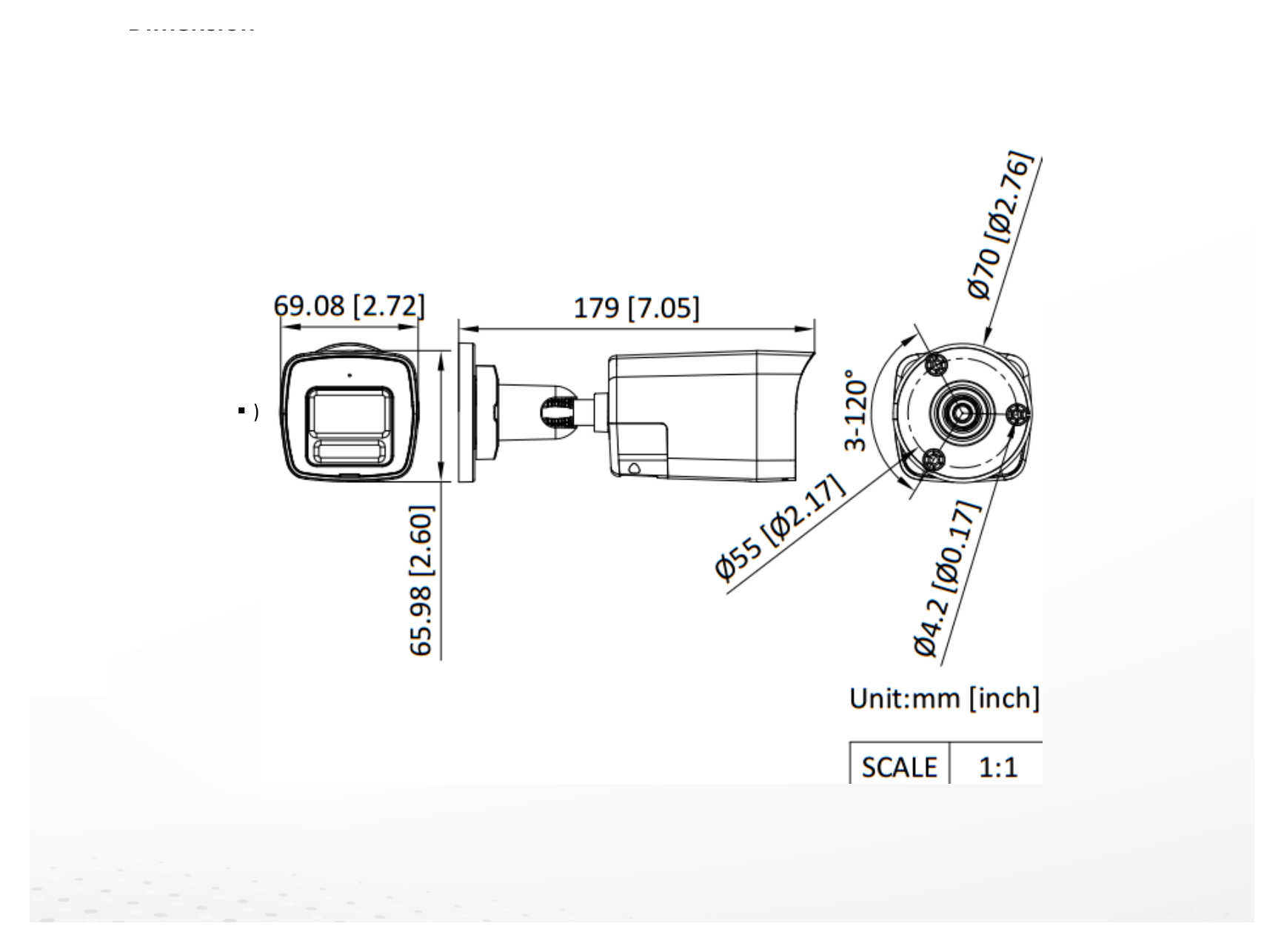 DS-2CE16D0T-LPXTS 外形尺寸圖 179 mm × 66 mm × 69.1 mm (7.05" × 2.6" × 2.72")｜重量 Approx. 265 g (0.58 lb.)｜Unit: mm