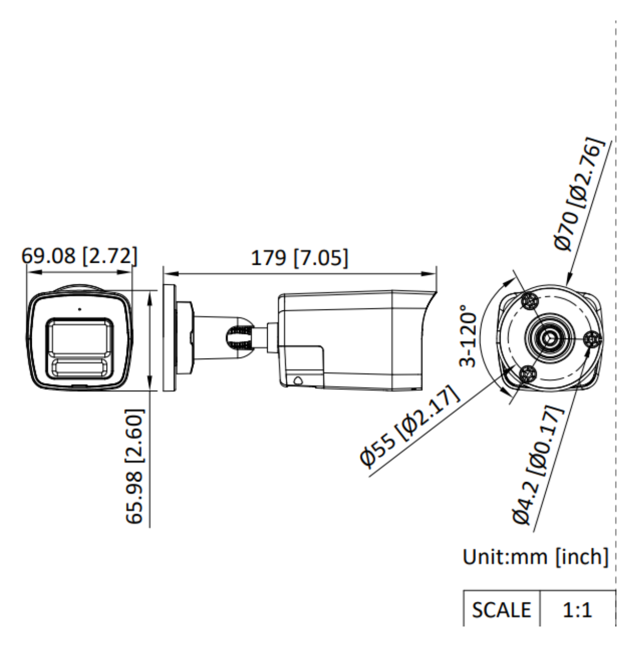 DS-2CE16D0T-LTS 外形尺寸圖 179 mm × 66 mm × 69.1 mm (7.05" × 2.6" × 2.72")｜重量 Approx. 415 g (0.92 lb.)｜Unit: mm